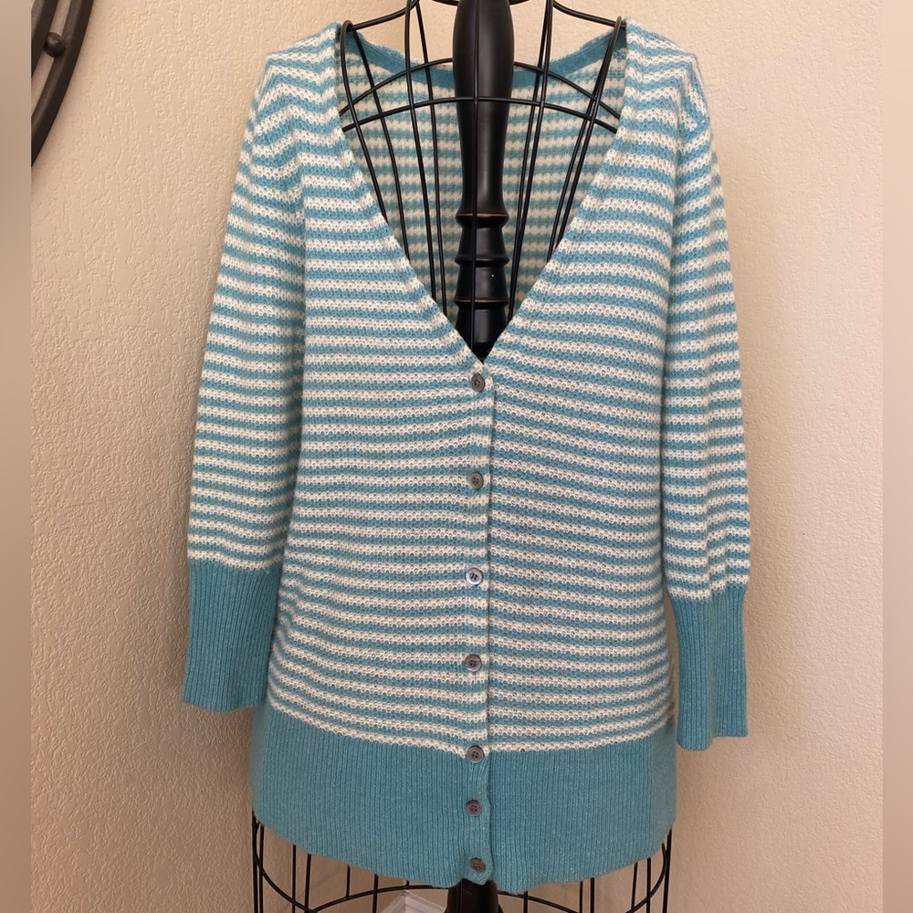 Sundance Lambswool Blend Striped BlueWhite VNeck Button Front Sweater Cardigan L